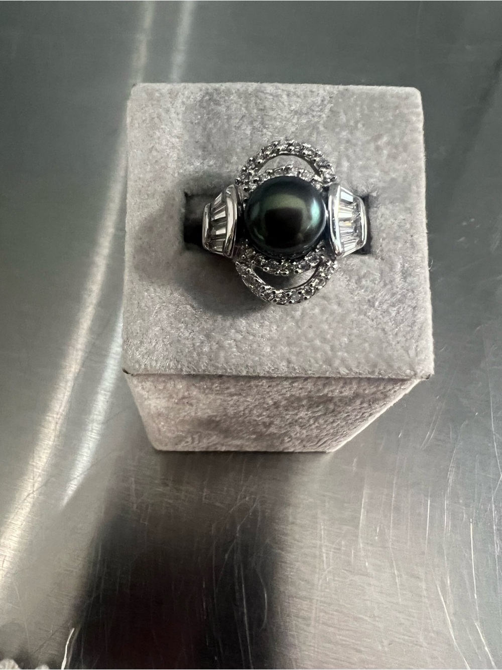 Elegant Genuine Black Pearl and Sterling Silver Halo Ring w/CZ Accents